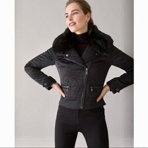 White House Black Market Women's Black Quilted Jacket with Faux Fur Collar